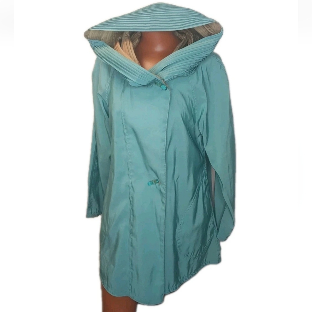 Mycra Pac Donetella Rain Jacket Woman Sz XS Green Pleated Hood Cloak Pocket USA